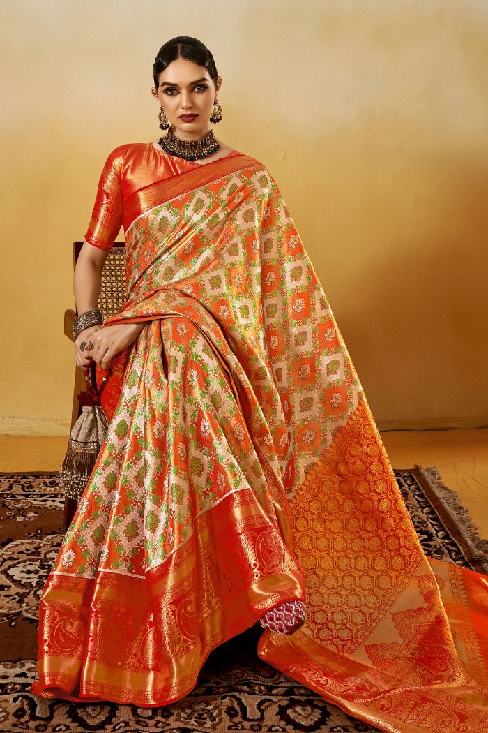 Porsche Orange Woven Kanjivaram Saree