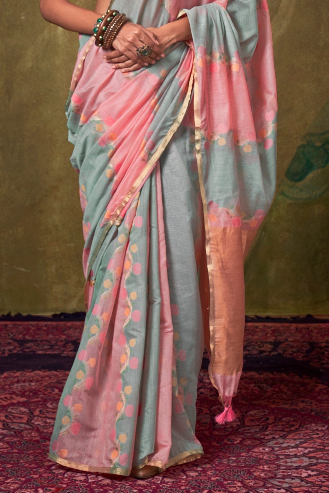 Wewak Pink and Grey Banarasi Handloom Saree