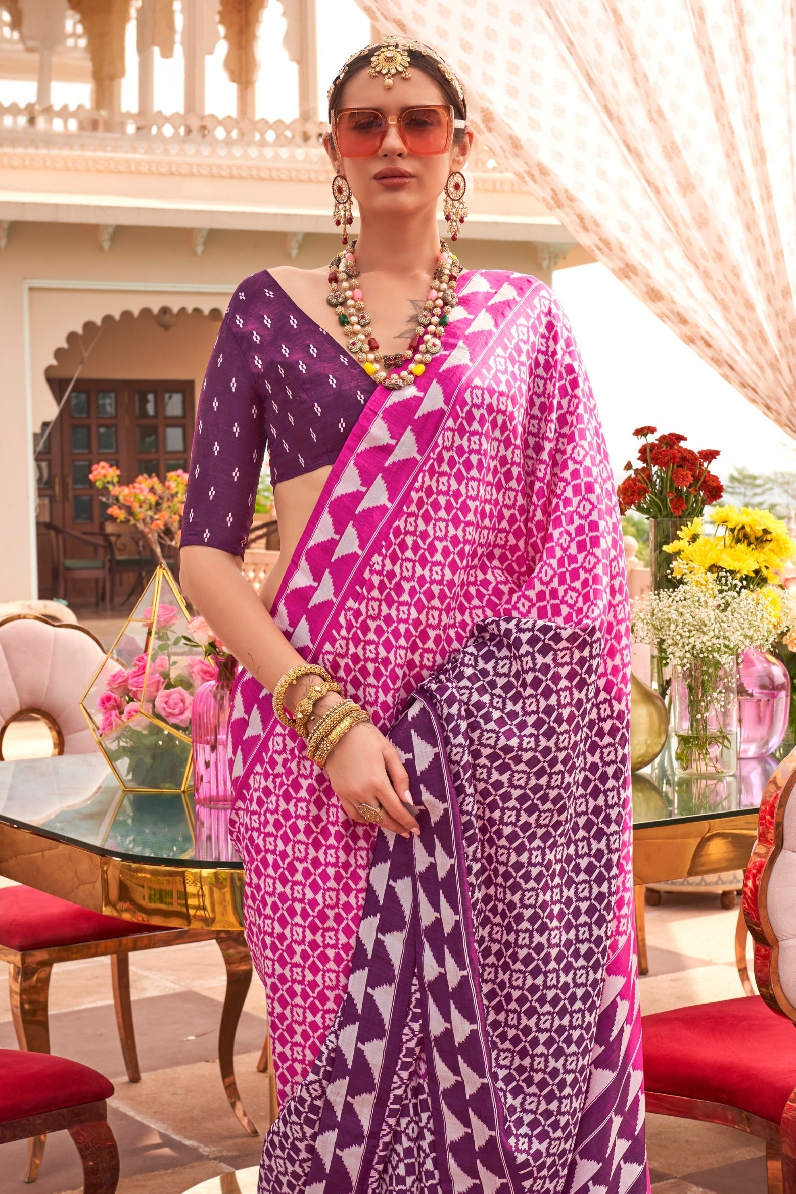 Melon Pink and Purple Printed Patola Saree