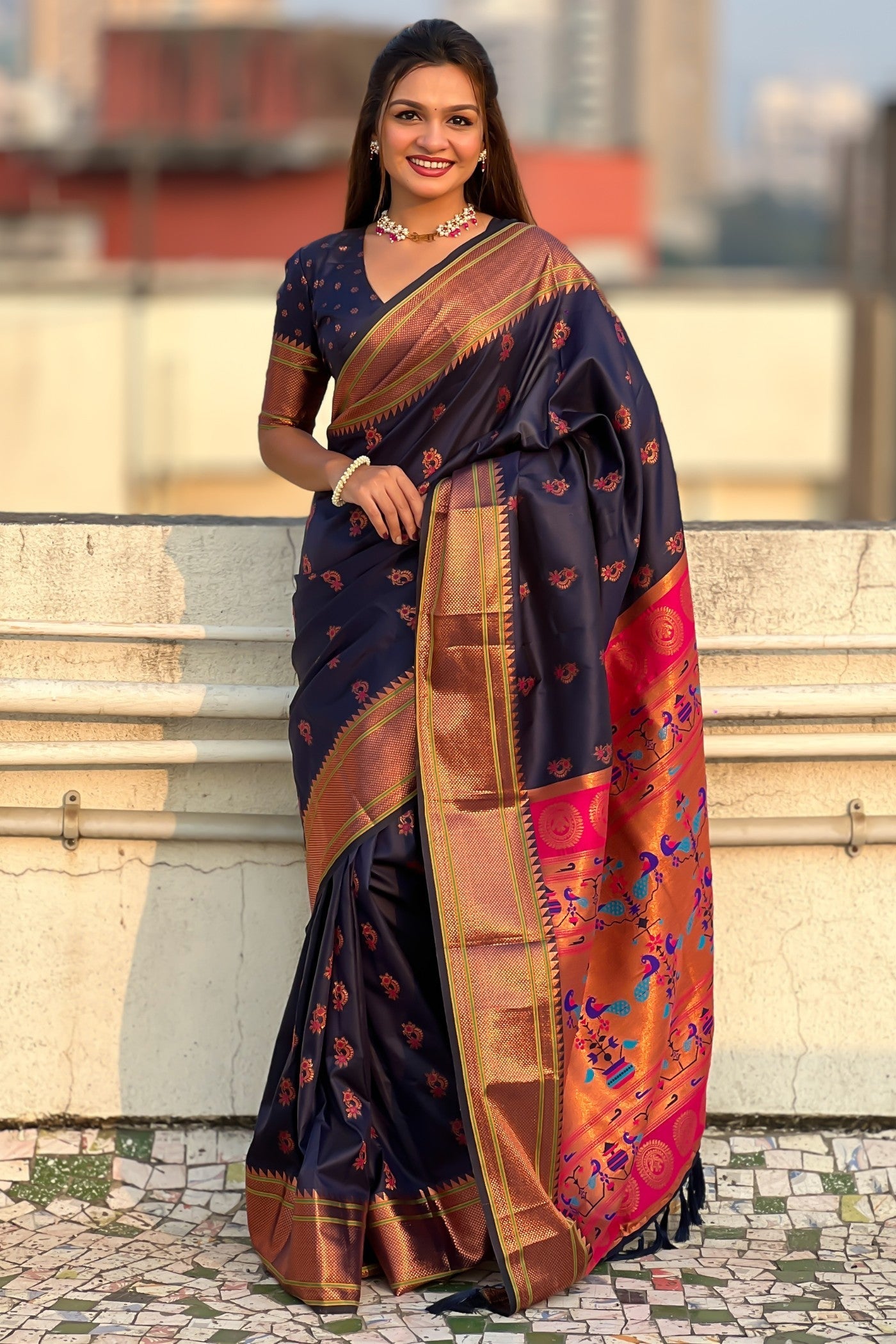 Vulcan Blue Zari Woven Nath Paithani Saree