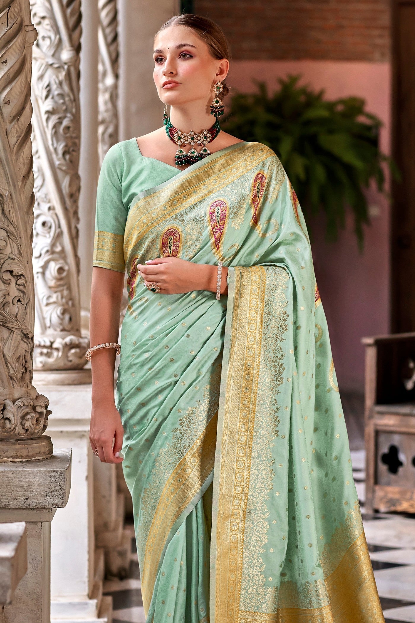 Pine Green Banarasi Soft Silk Saree