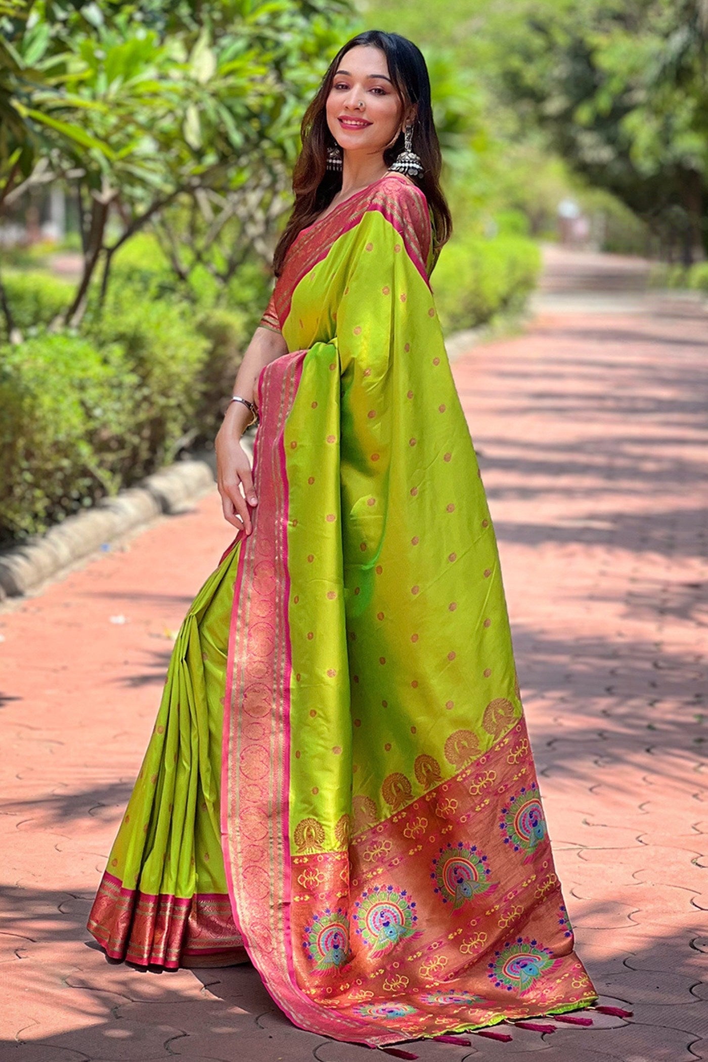 Parrot Green Zari Woven Paithani Saree