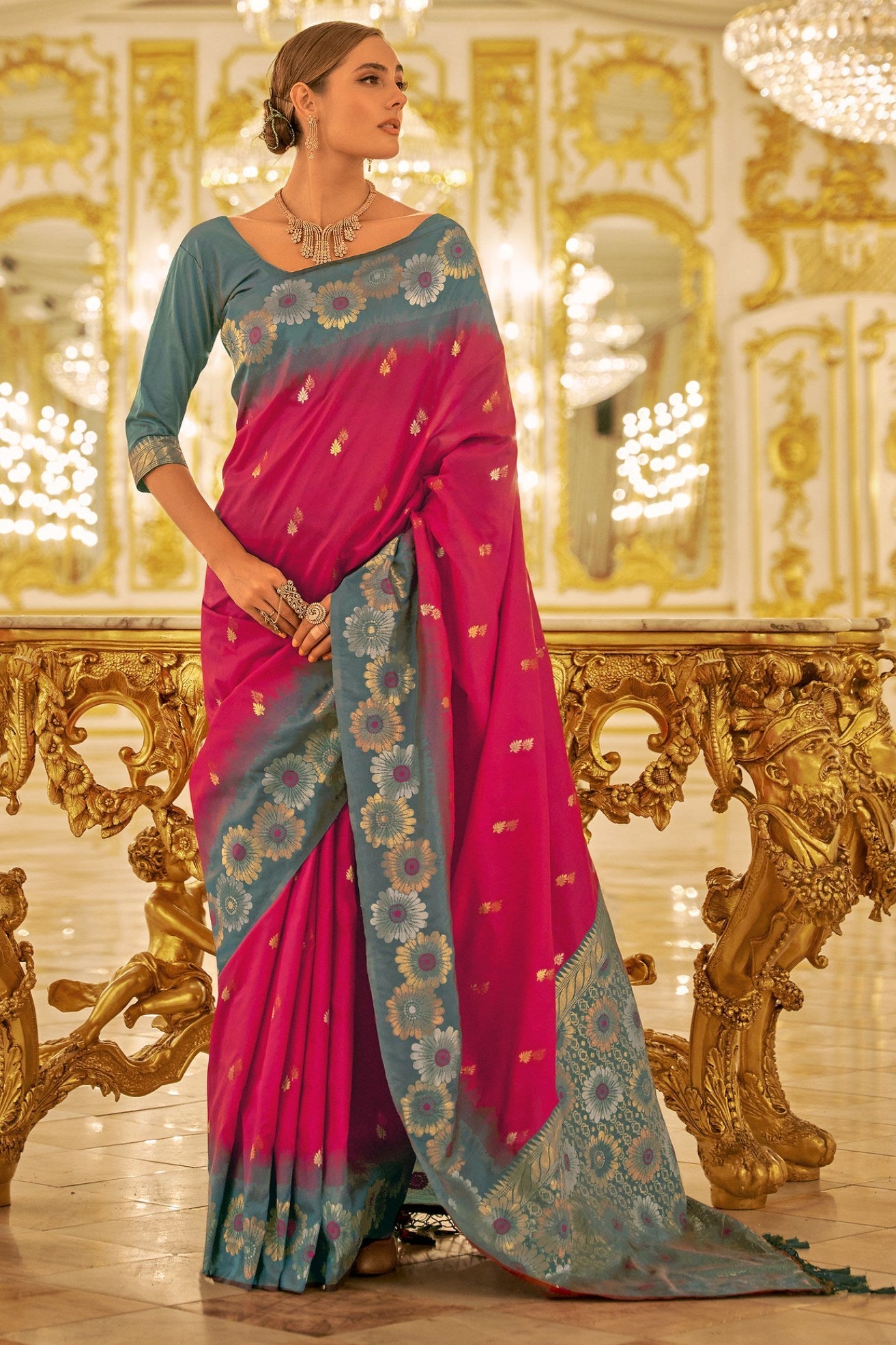 Dingy Dungeon Pink Woven Banarasi Saree