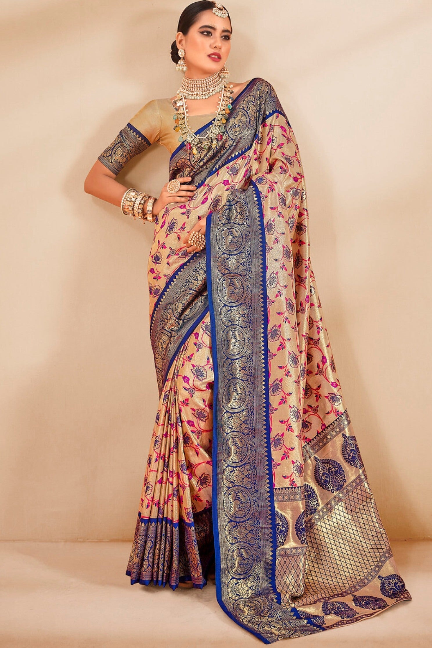 Barley Cream and Blue Zari Woven Banarasi Saree