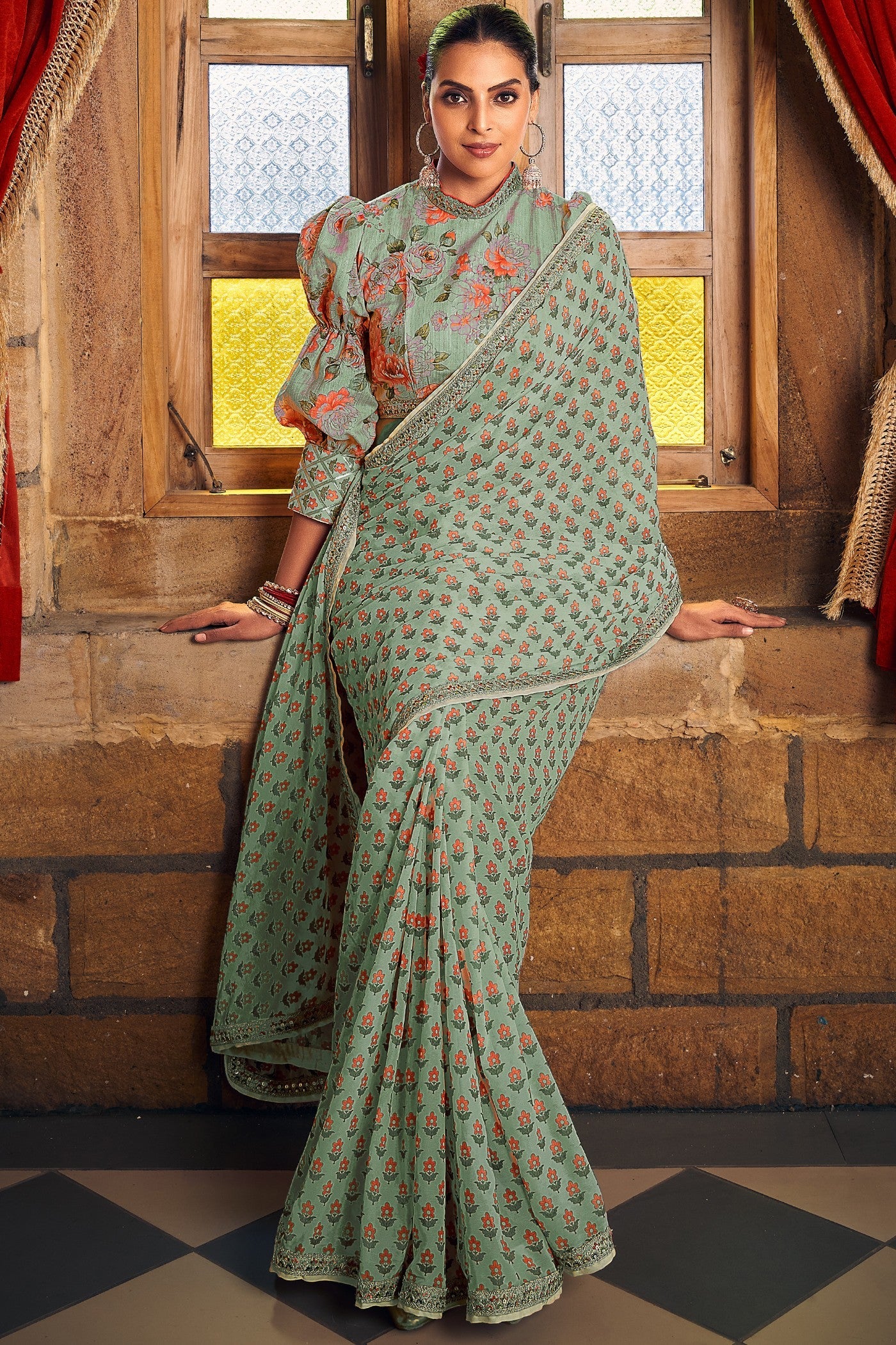 Pista Green Georgette Digital Printed Saree