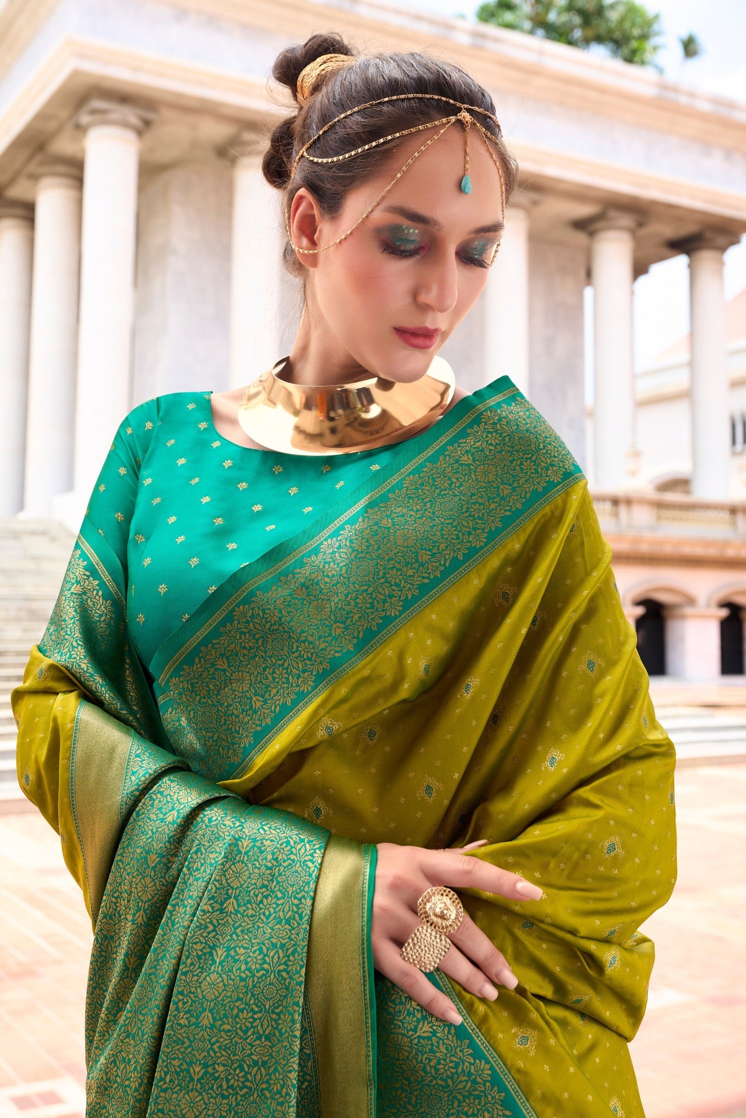 Dark Mustard Green Zari Woven Banarasi Soft Silk Saree