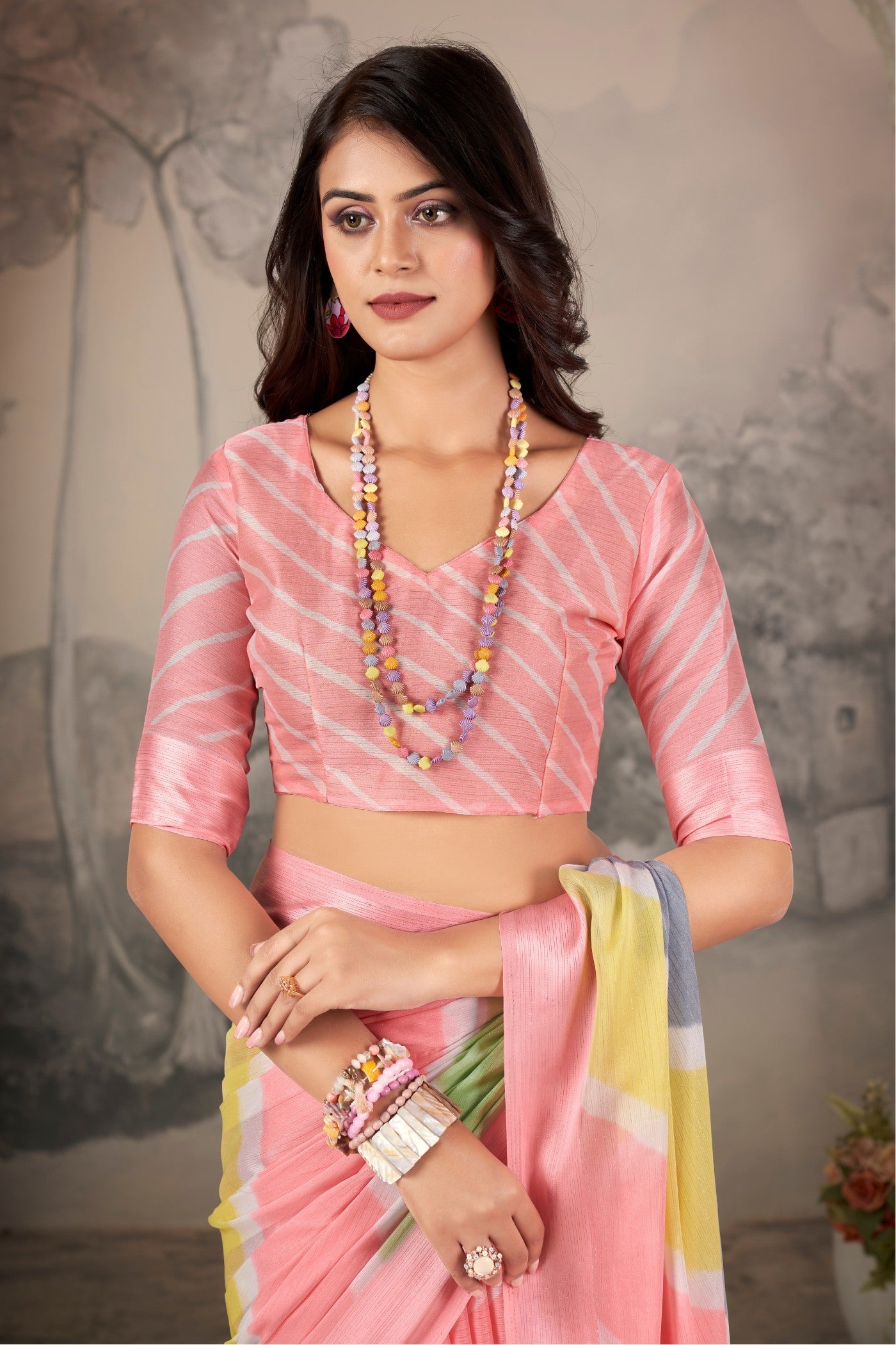 Shilo Pink Printed Satin Silk Saree