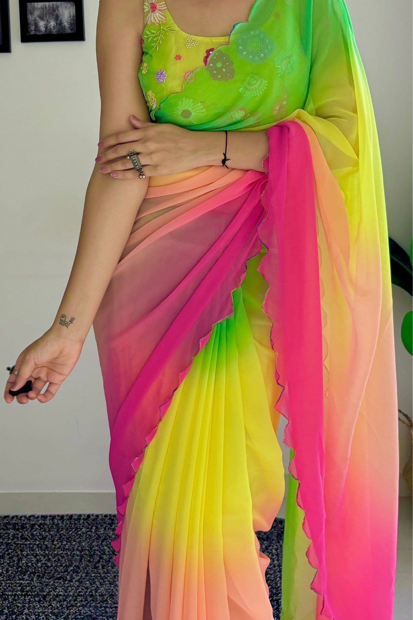 Multicolor Green Georgette Saree