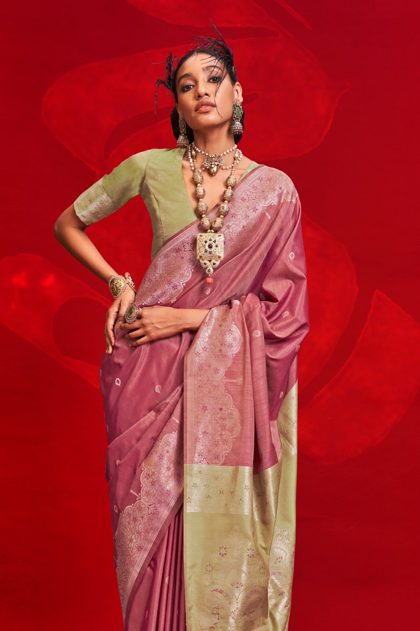 Shimmering Blush Pink Tussar Handloom Silk Saree