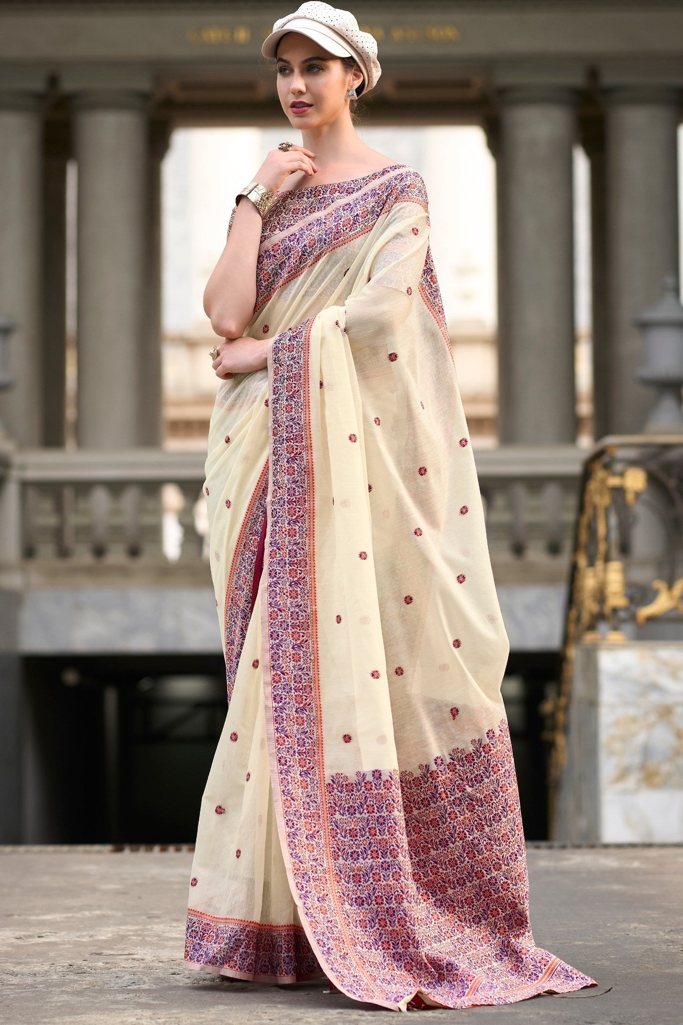 Almond Cream Handloom Linen Cotton Saree