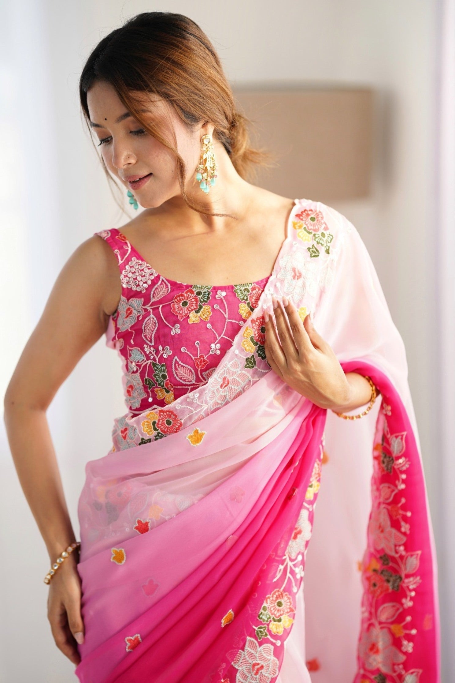 Taffy Pink and White Georgette Saree