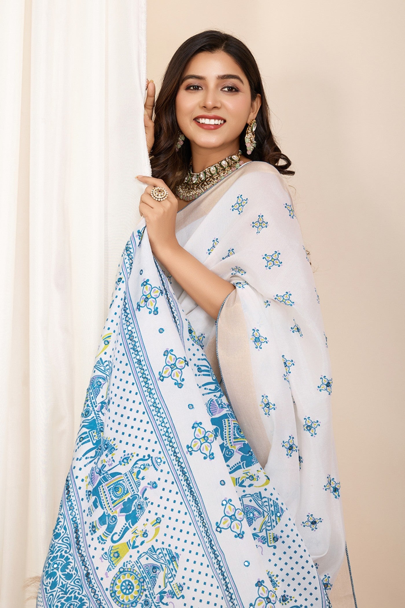 Frost White and Blue Printed Cotton Designer Saree