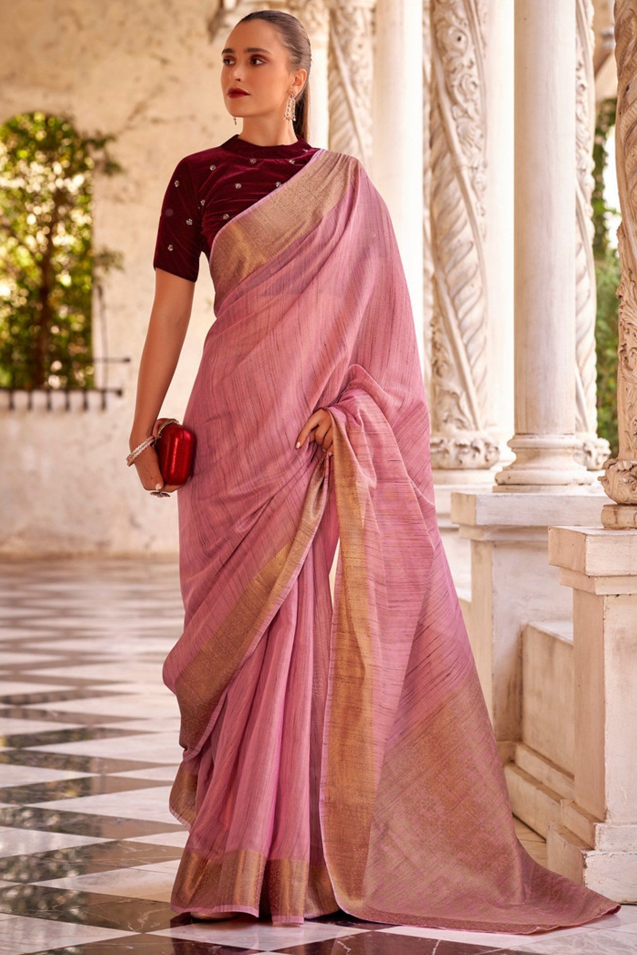 Shimmering Blush Pink Zari Woven Linen Saree