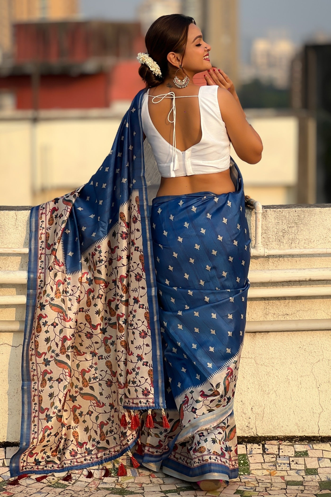 Royal Blue Floral Printed Kalamkari Saree