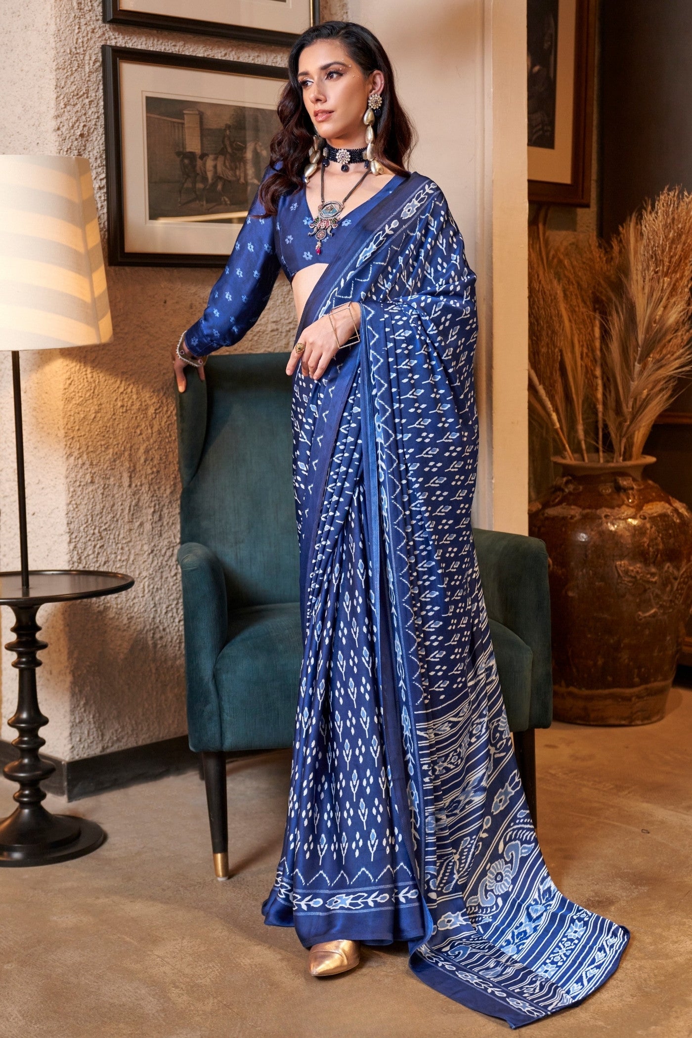 Egyptian Blue Patola Printed Satin Crepe Saree