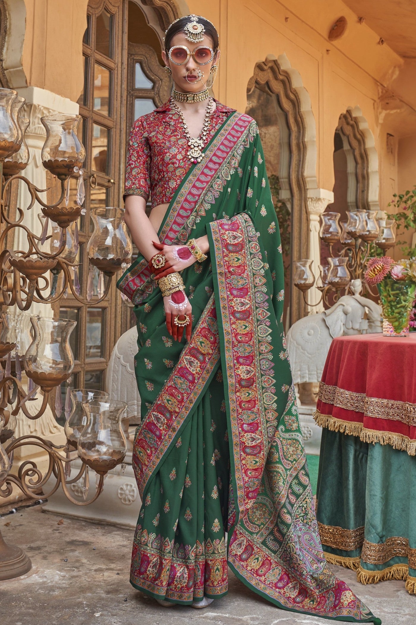 Gladiolus Green Banarasi Jamawar Saree