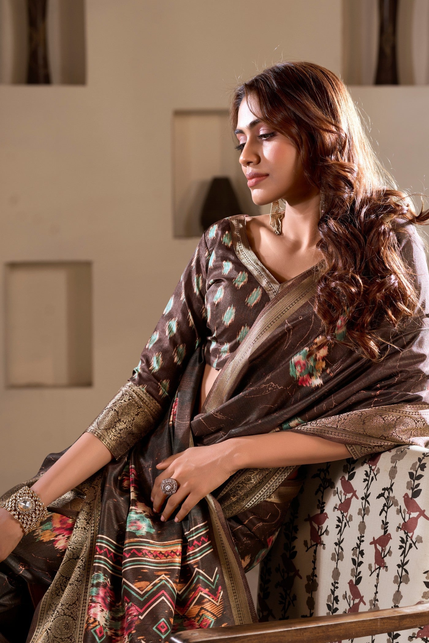 Americano Coffee Brown Printed Soft Dola Silk Saree