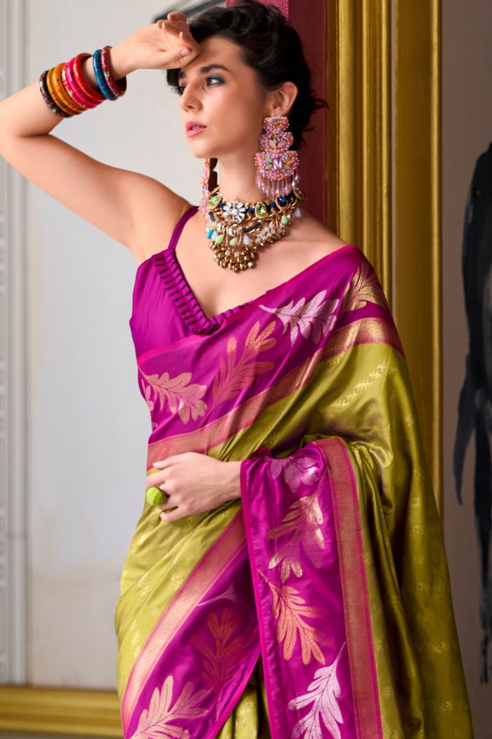 Pesto Green and Pink Banarasi Soft Silk Saree