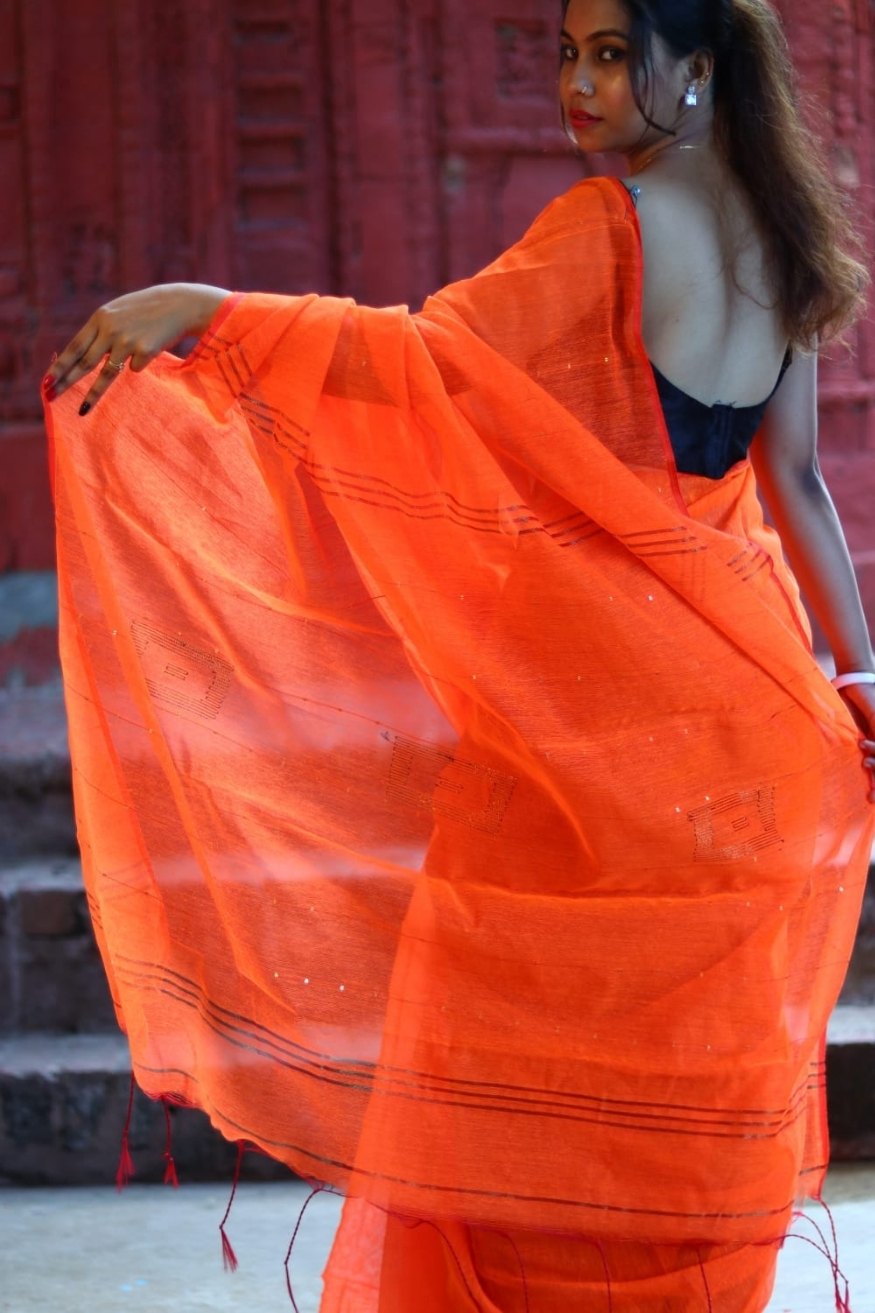 Outrageous Orange Cotton Sequence Chumki Saree