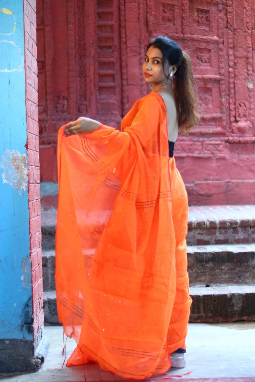 Outrageous Orange Cotton Sequence Chumki Saree