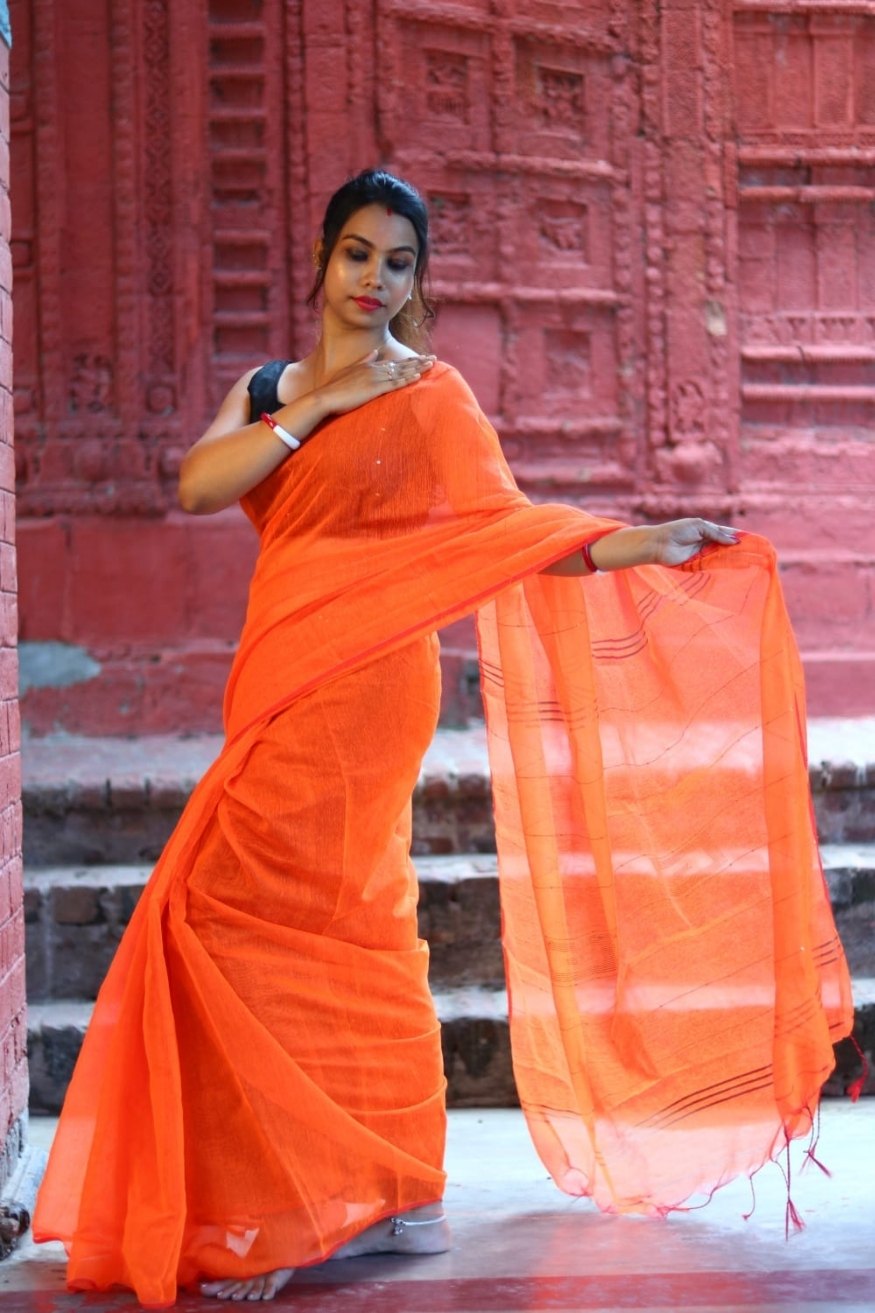 Outrageous Orange Cotton Sequence Chumki Saree