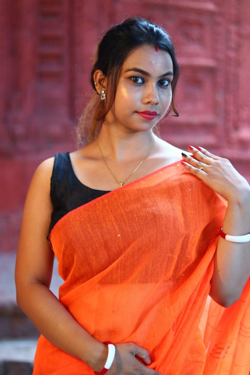 Outrageous Orange Cotton Sequence Chumki Saree