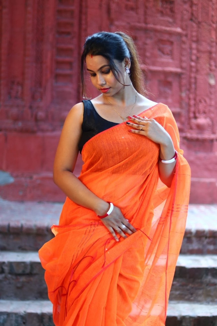 Outrageous Orange Cotton Sequence Chumki Saree