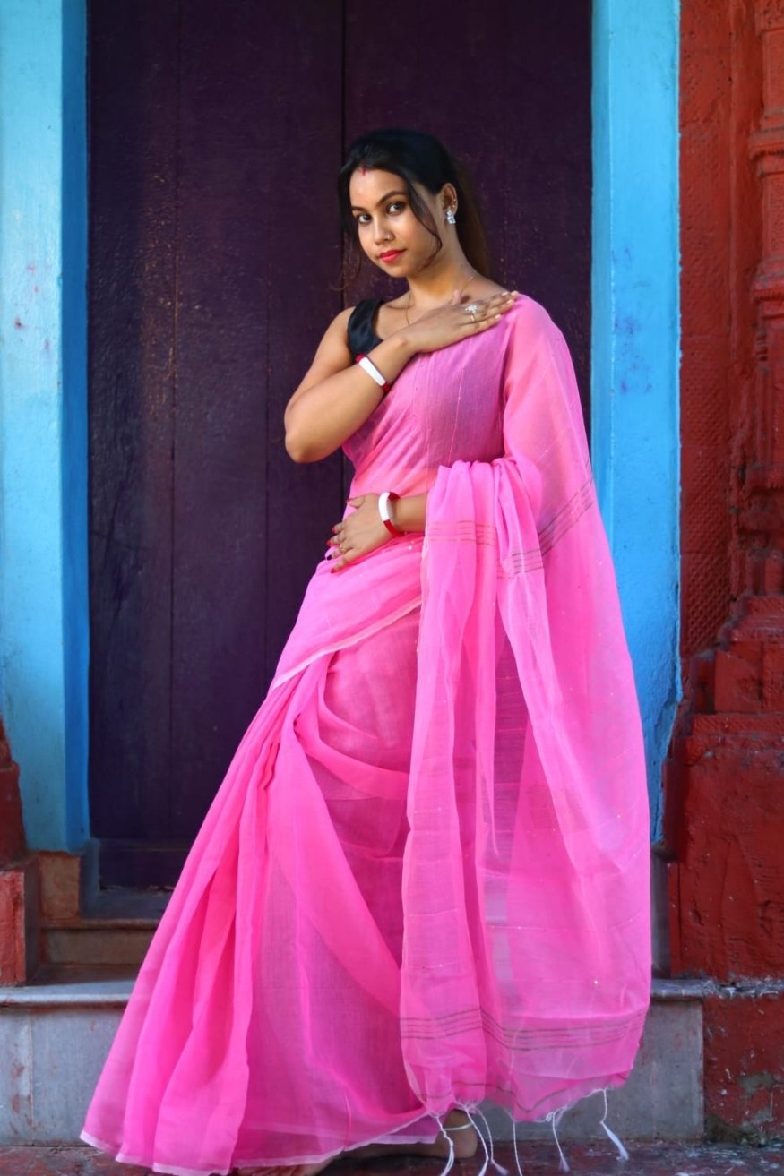 Lotus Pink Cotton Sequence Chumki Saree