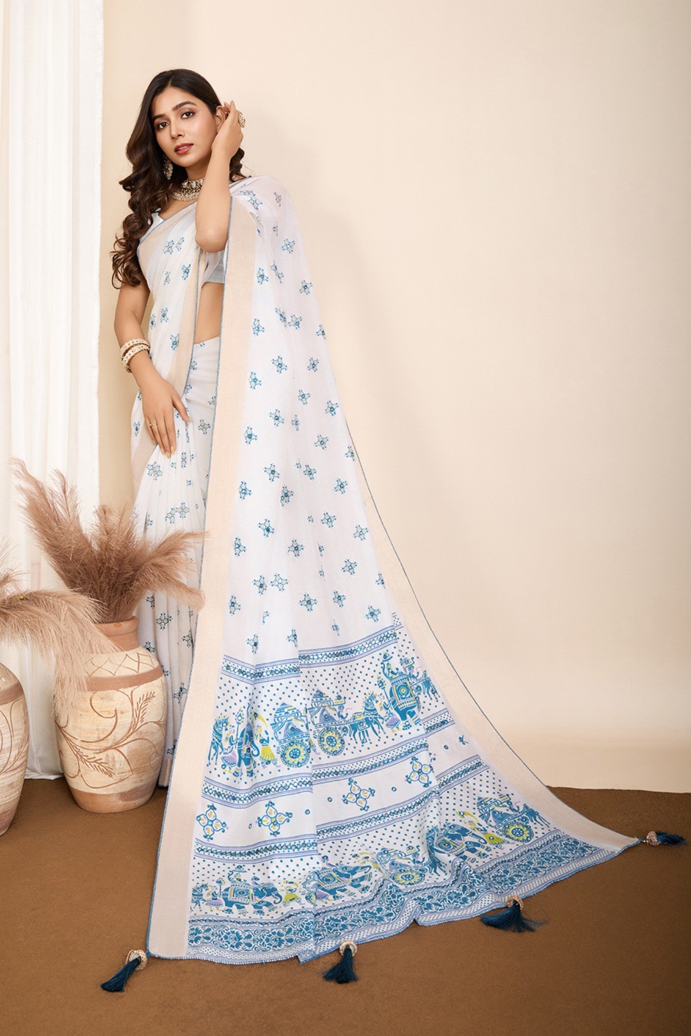 Frost White and Blue Printed Cotton Designer Saree