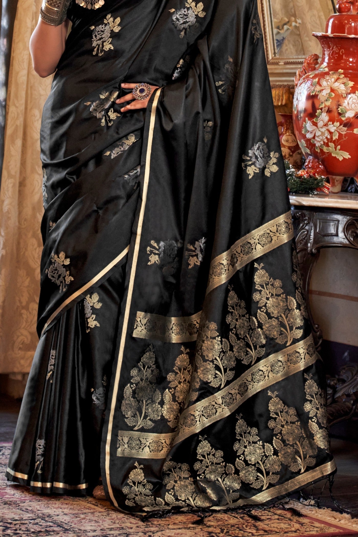 Grease Black Banarasi Satin Saree