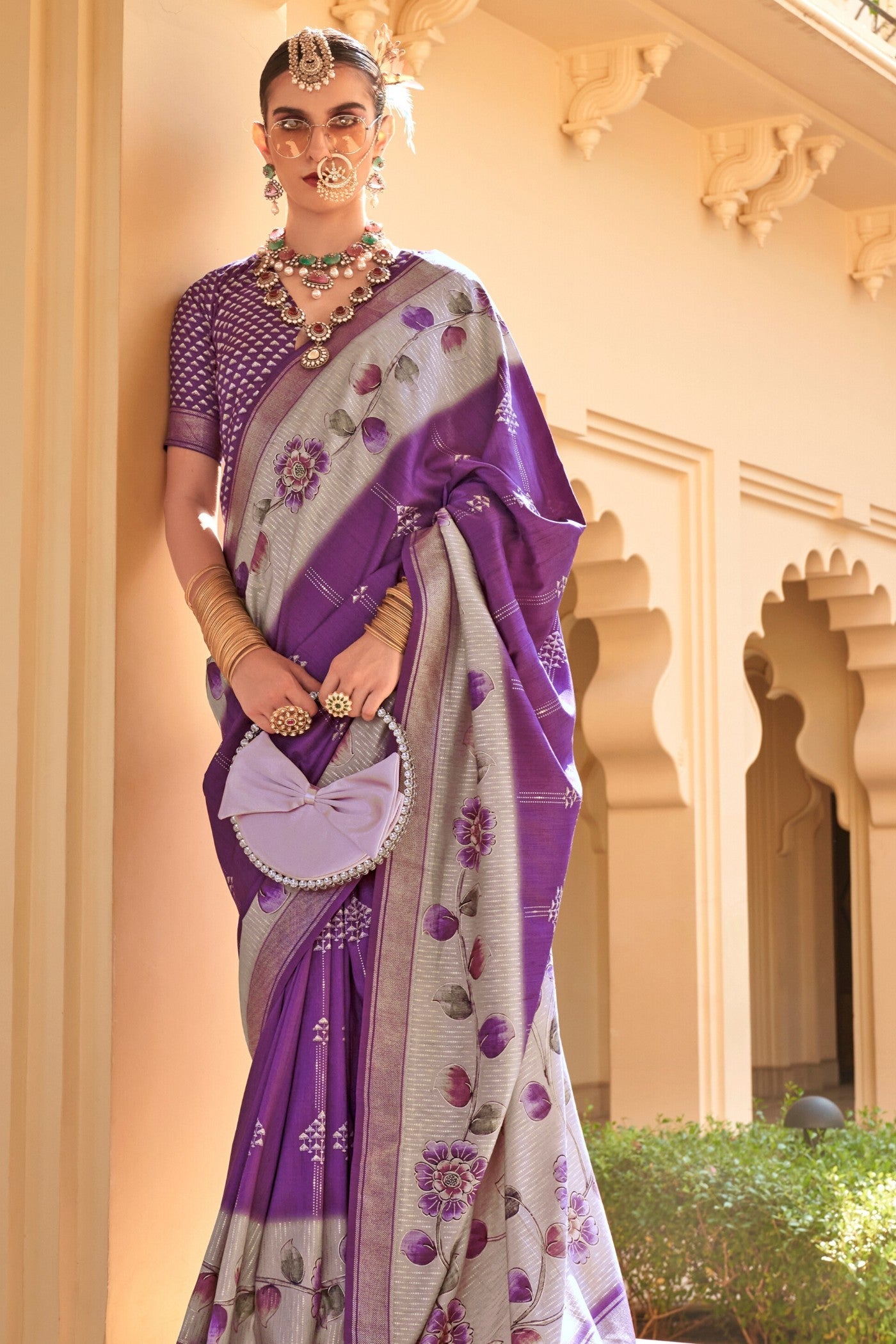 Razzmic Berry Purple Floral Printed Banarasi Saree