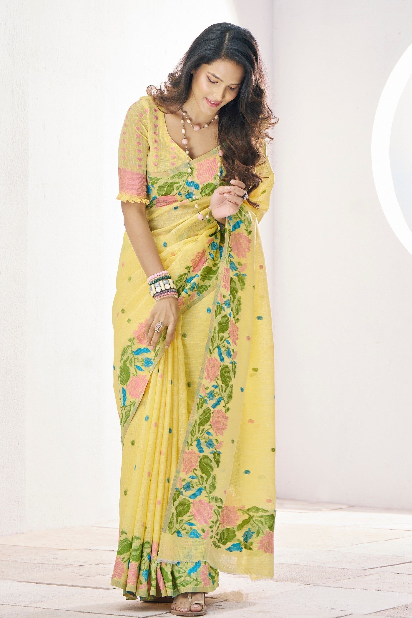 Putty Yellow Printed Linen Saree