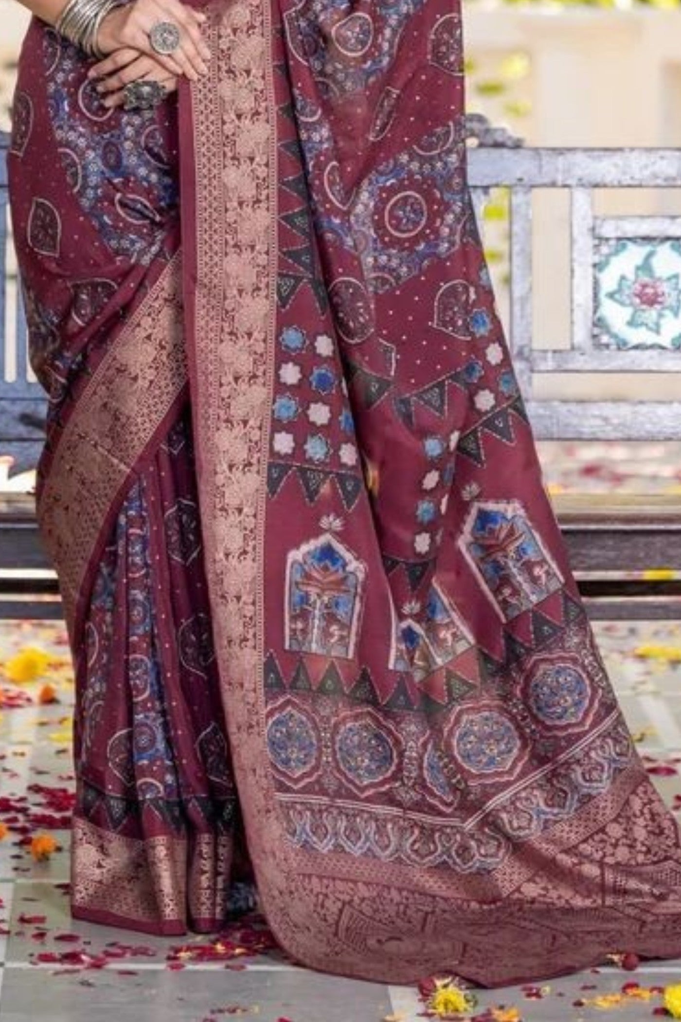 Cedar Maroon Ajrakh Digital Printed Satin Saree