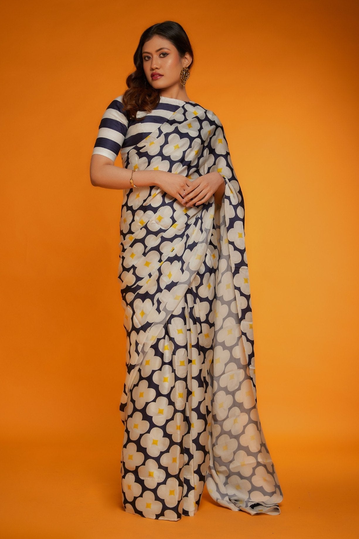 Bizarre White Digital Printed Satin Silk Saree