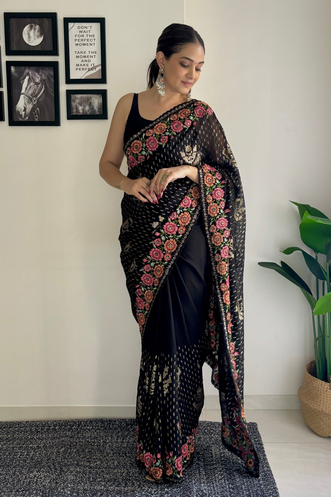 Coral Black Embroidery Designer Georgette Saree