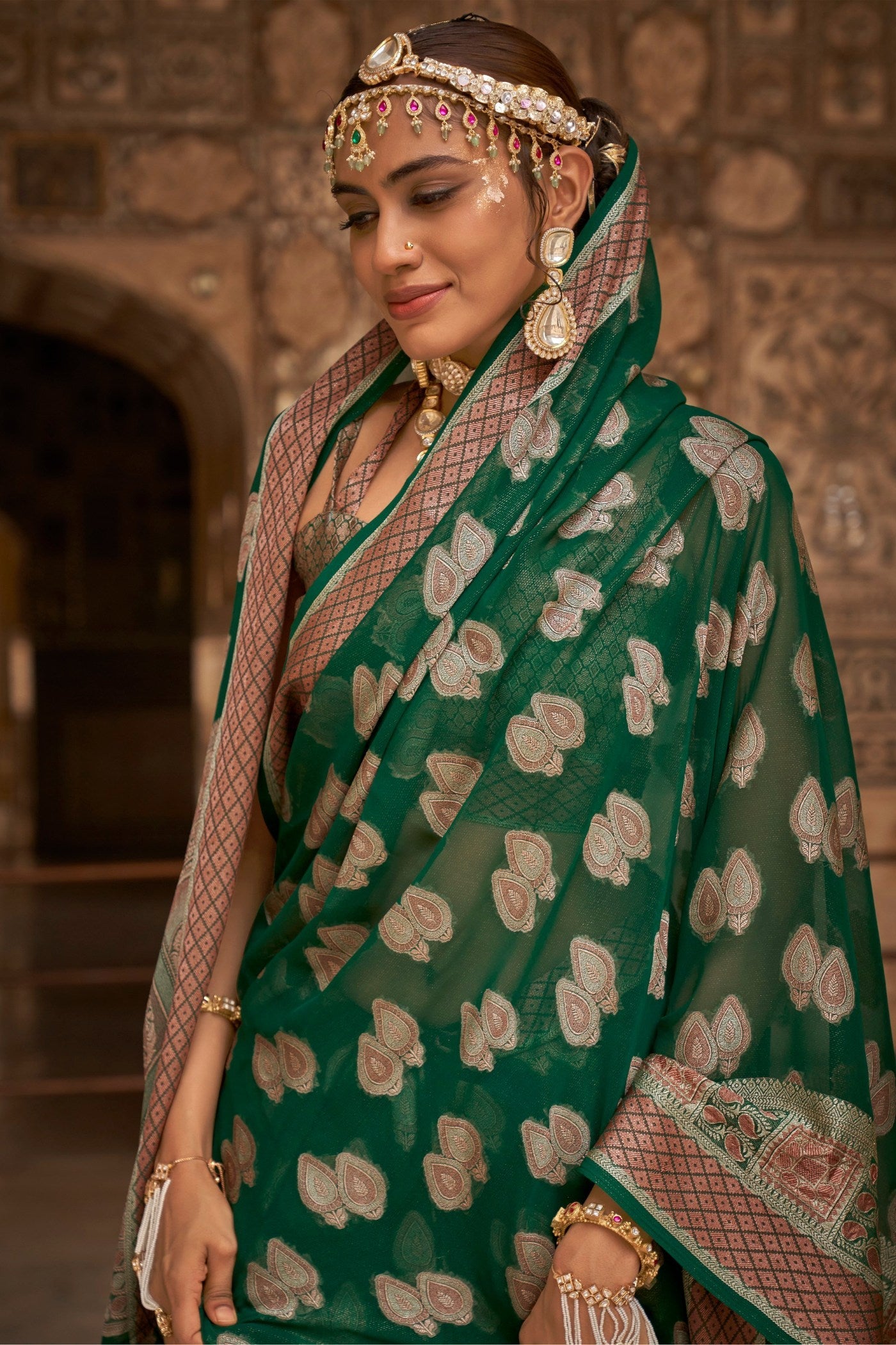 Leaves Green Zari Woven Georgette Saree