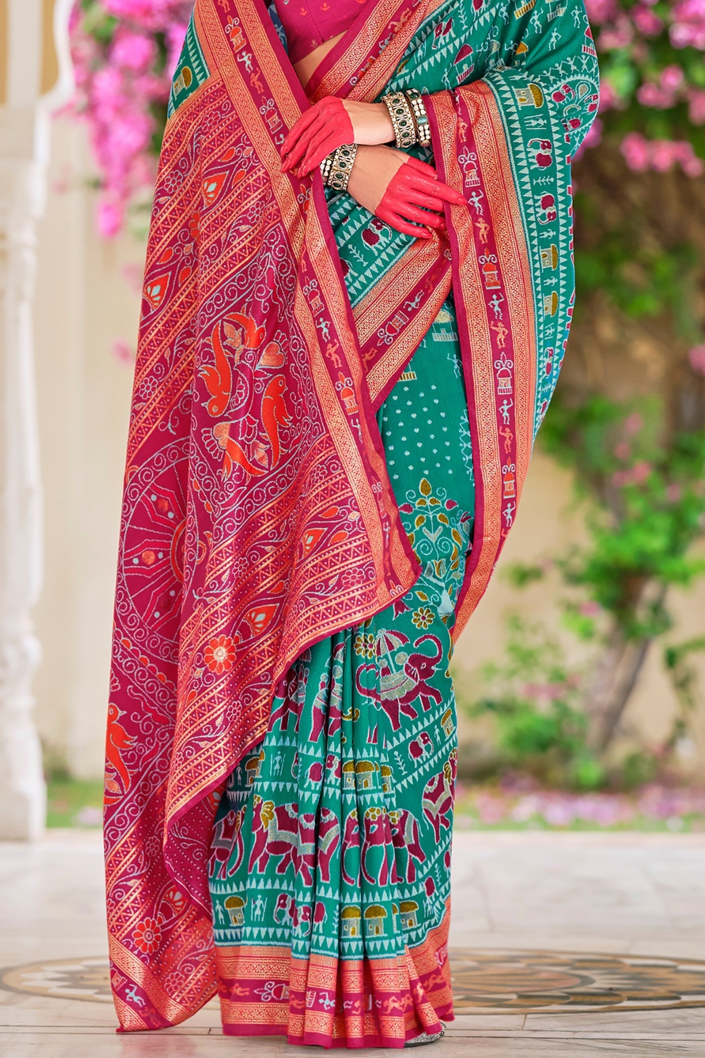 Jungle Green and Pink Printed Patola Saree