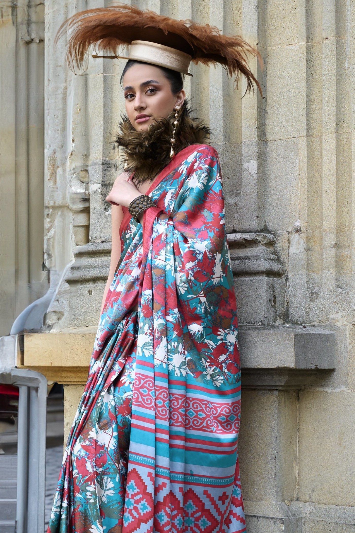 Swim Blue Printed Satin Crepe Silk Saree