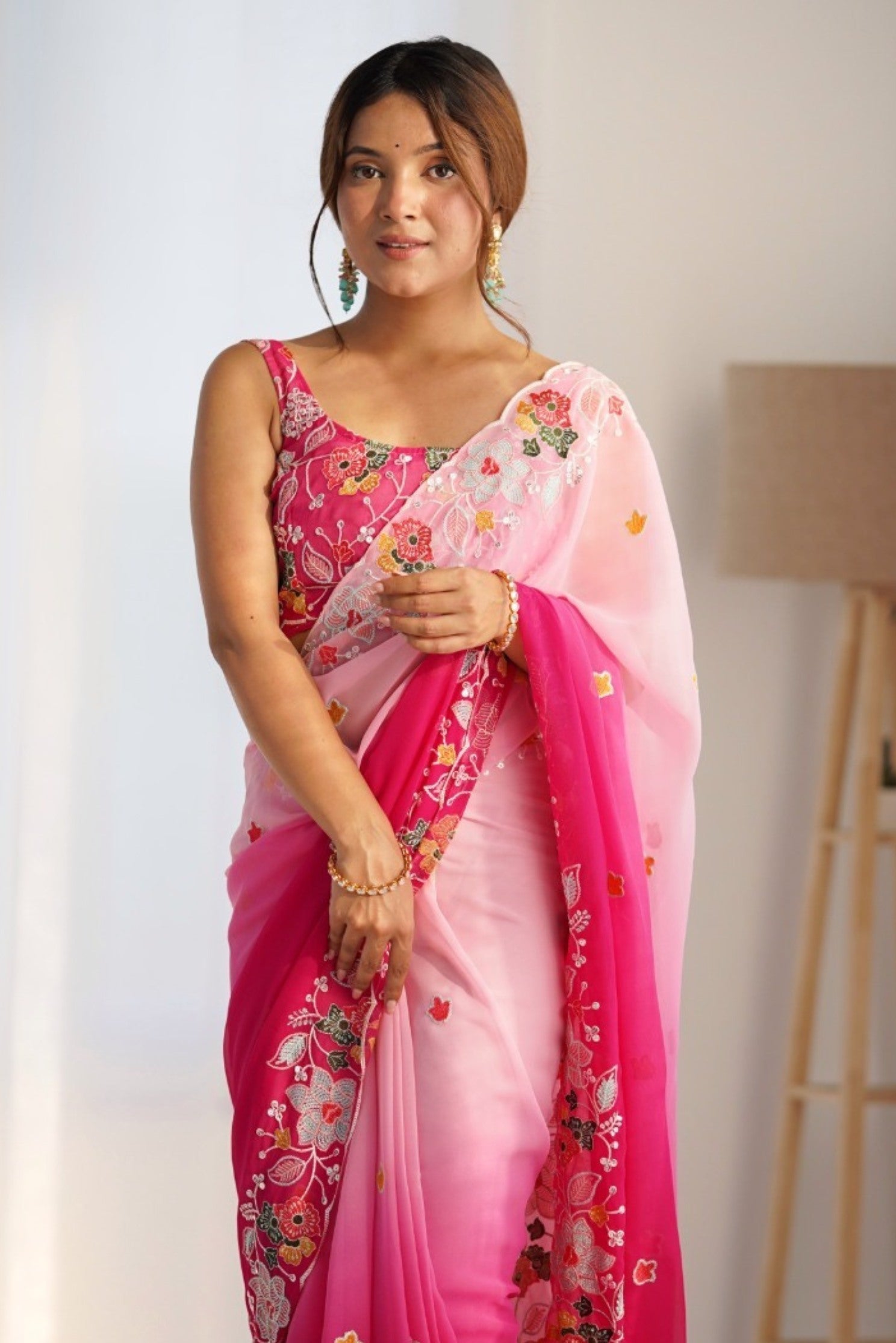 Taffy Pink and White Georgette Saree