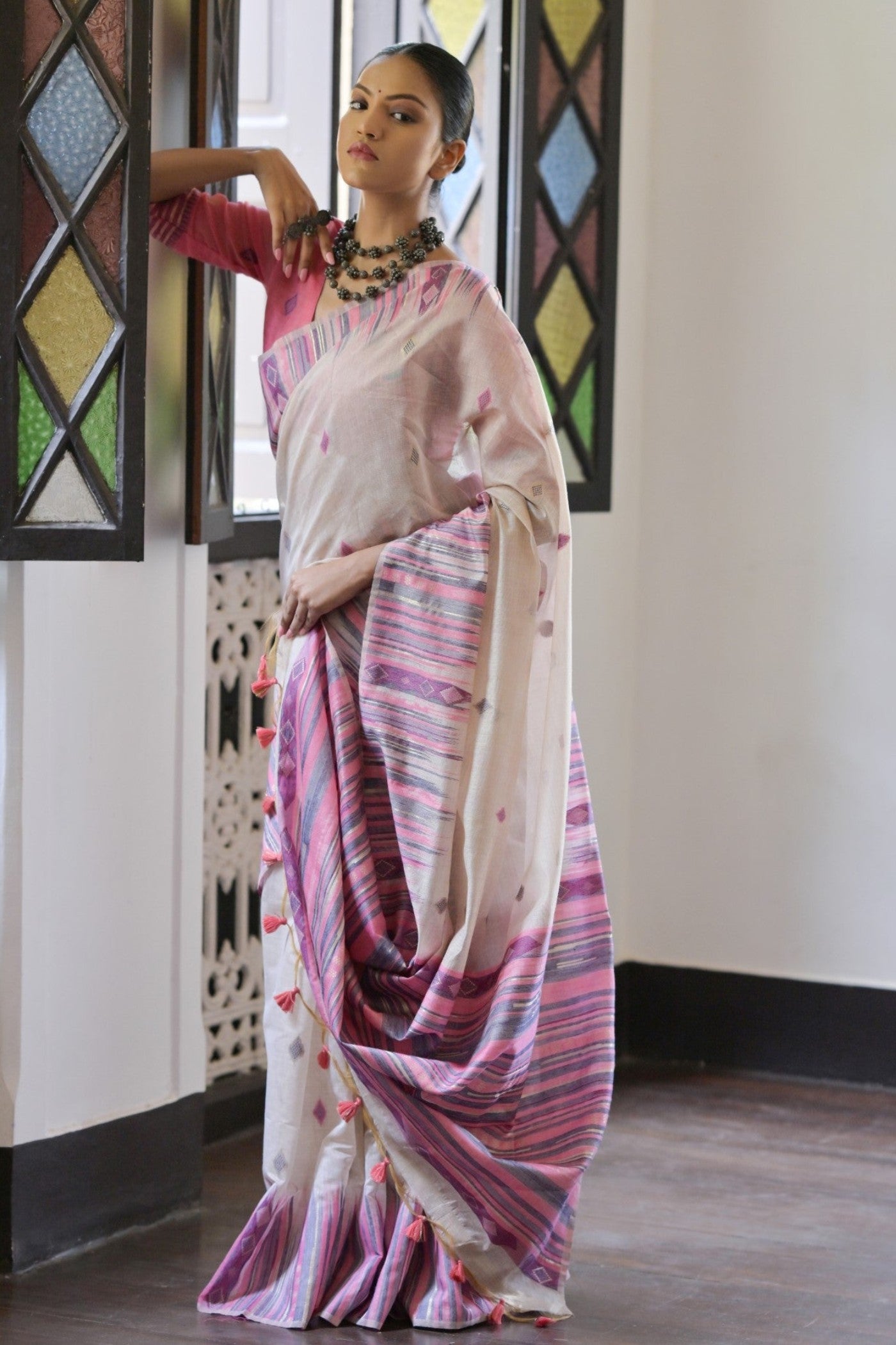 Smoke White and Purple Muga Cotton Saree