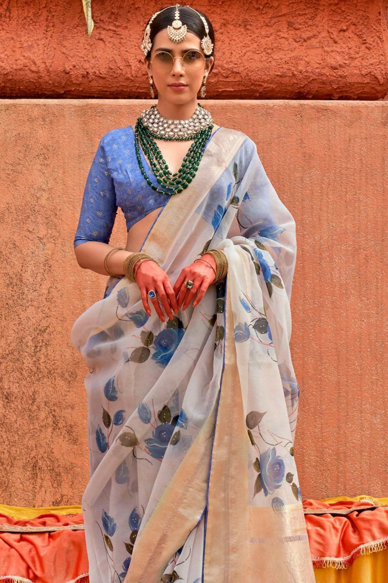 Ice White and Blue Zari Woven Organza Saree