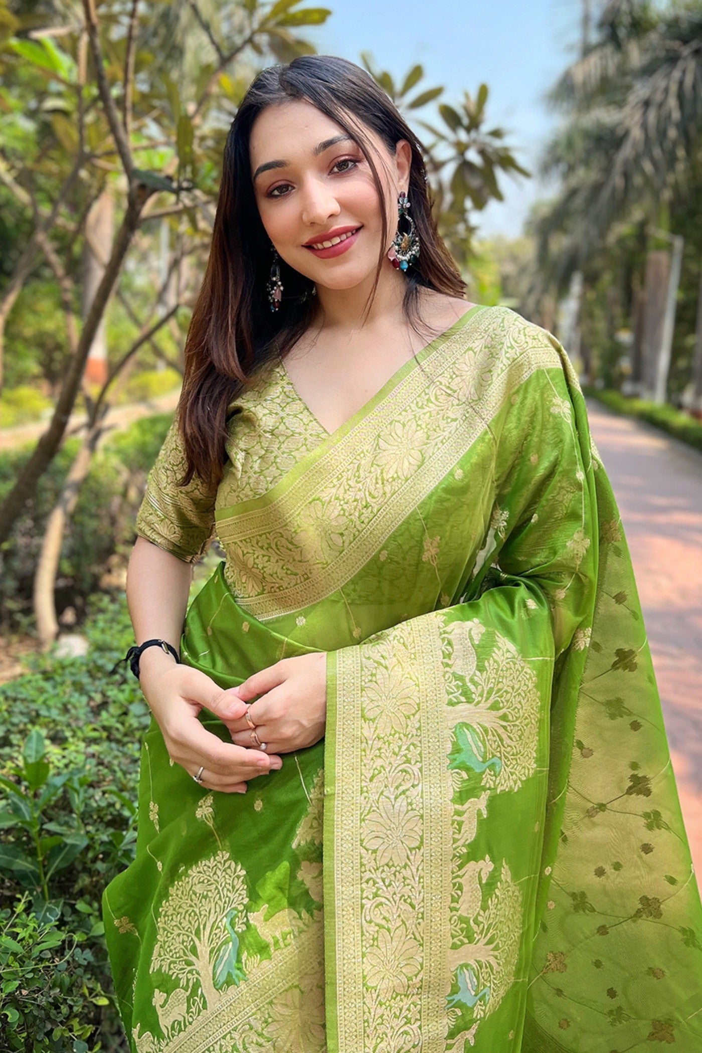 Celery Green Woven Organza Saree