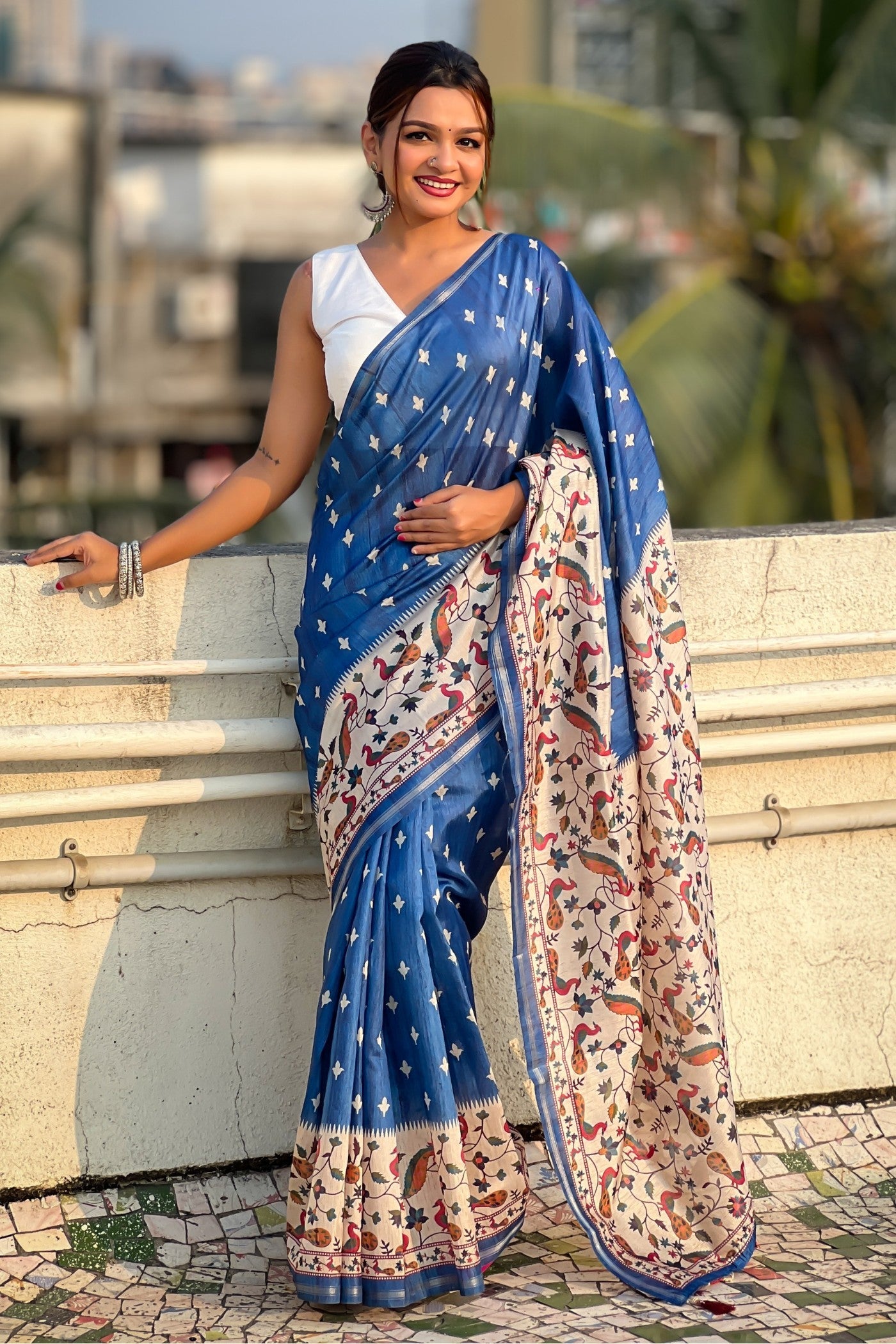 Royal Blue Floral Printed Kalamkari Saree