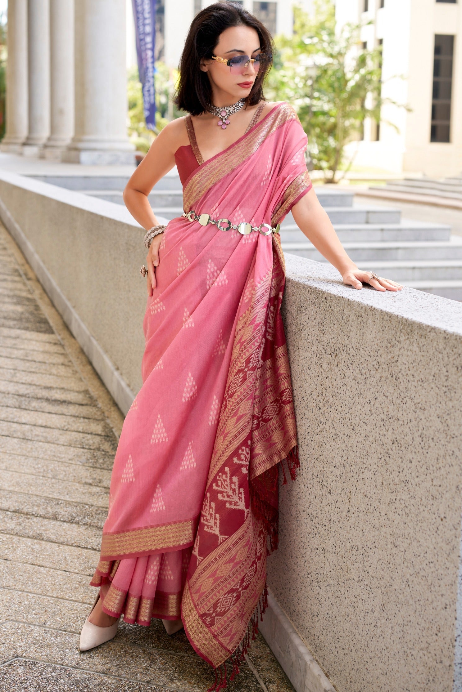 Midnight Moss Pink Ikkat Woven Banarasi Saree