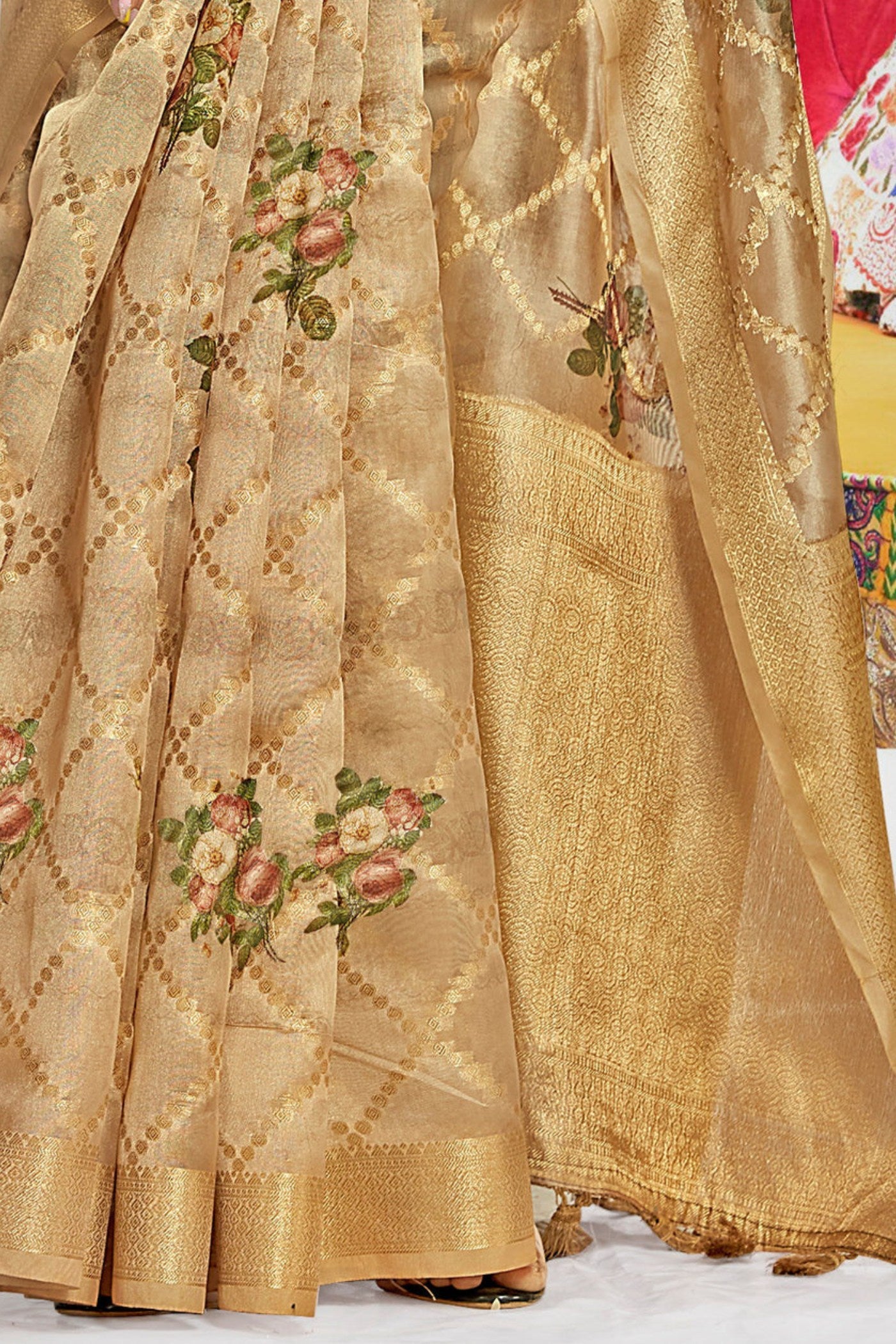 Tussock Cream Digital Printed Banarasi Saree