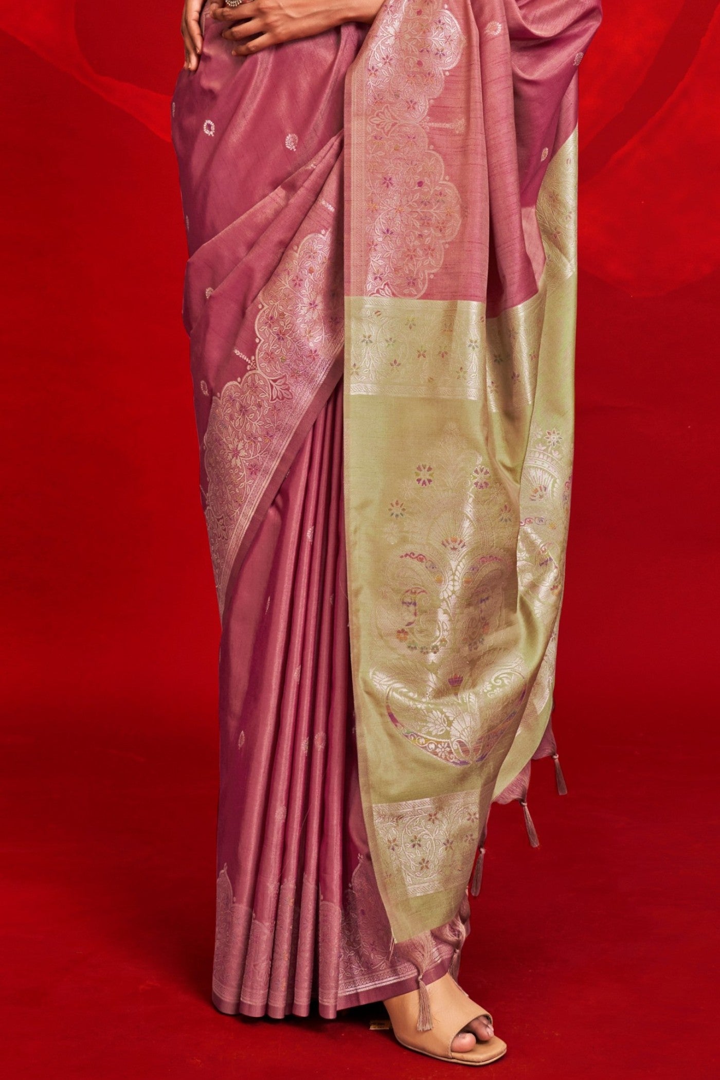 Shimmering Blush Pink Tussar Handloom Silk Saree