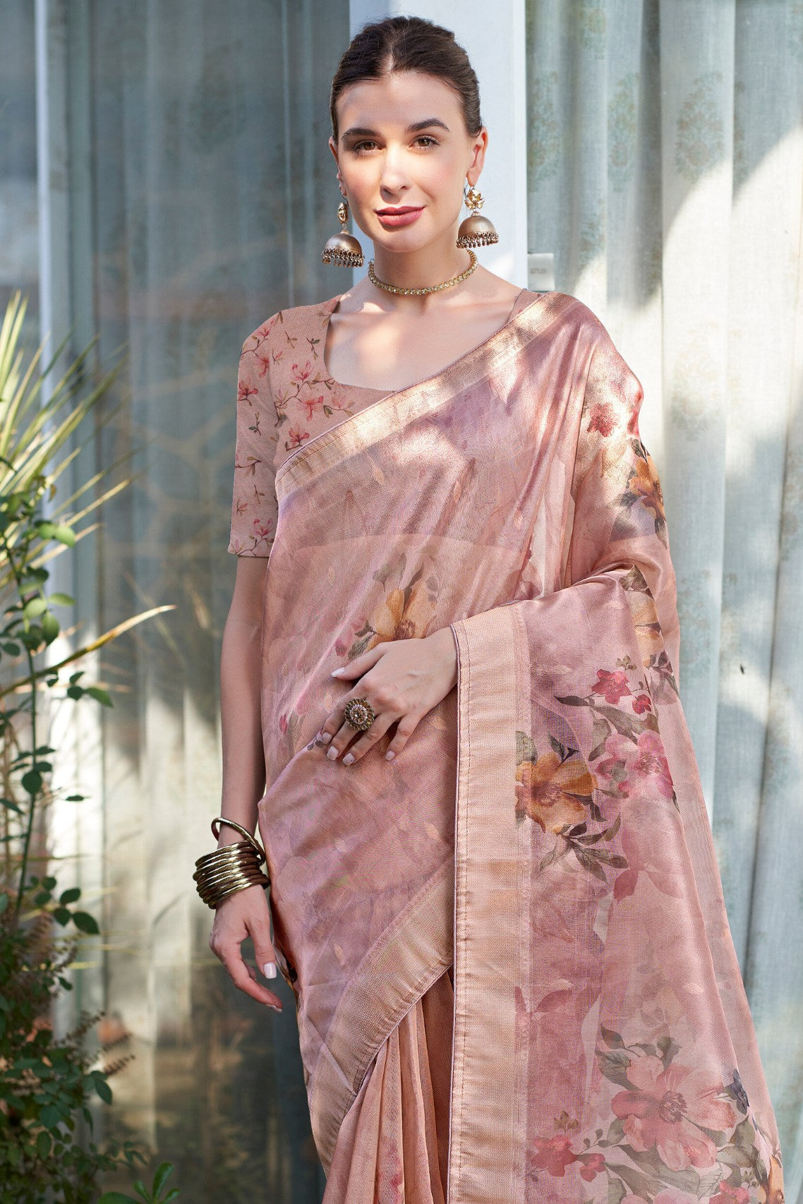 Cupid Pink Digital Printed Organza Saree