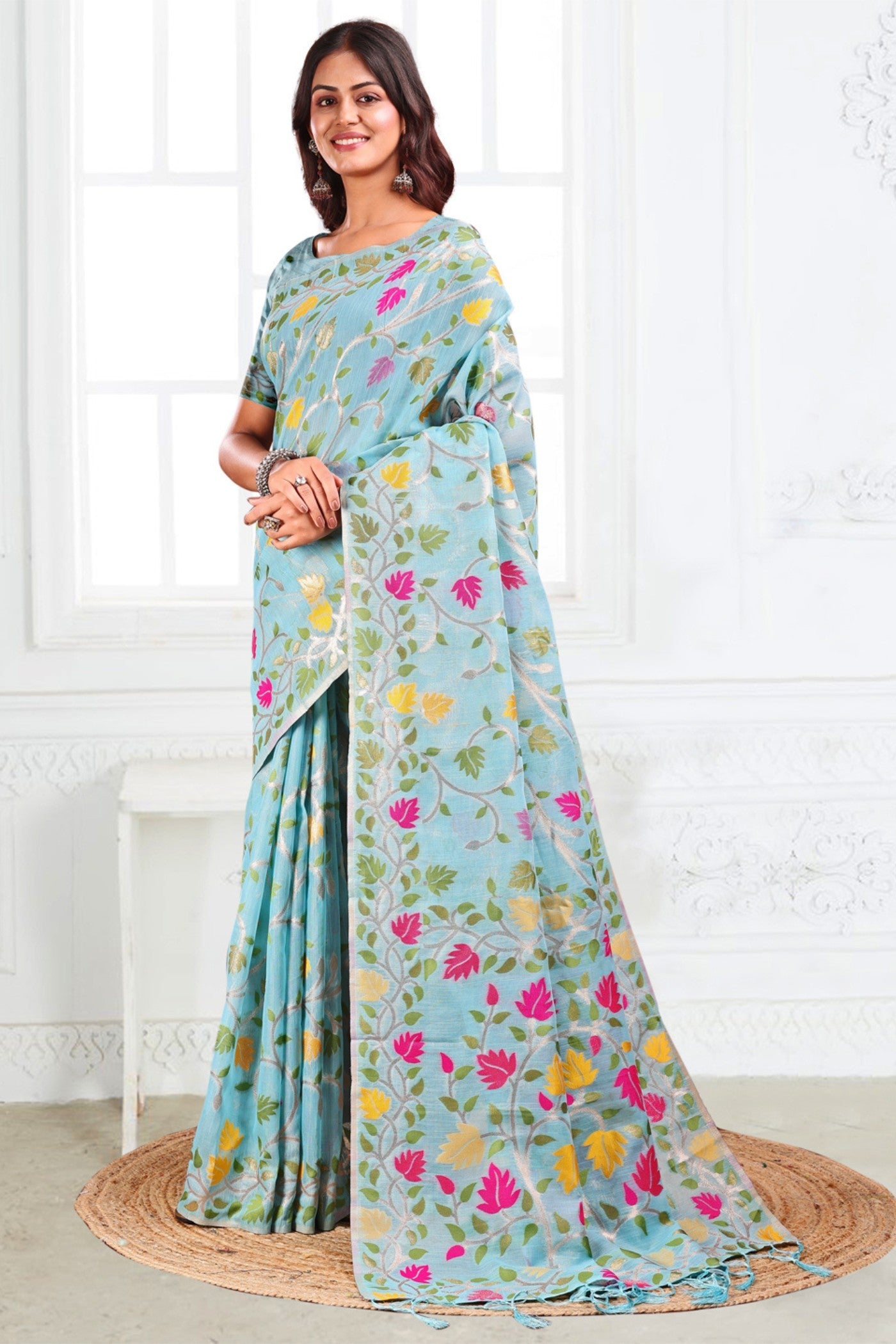 Cloudy Blue Woven Linen Cotton Saree