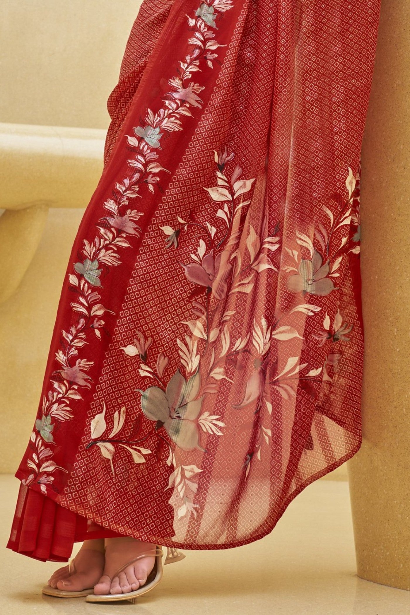 Cherry Red Georgette Printed Saree