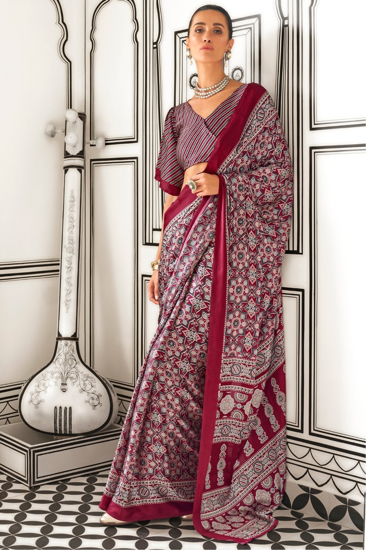 Rosewood Maroon Printed Ajrakh Satin Crepe Saree